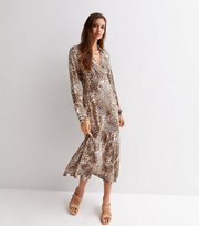 New Look Brown Animal Print Collared Long Sleeve Midi Wrap Dress